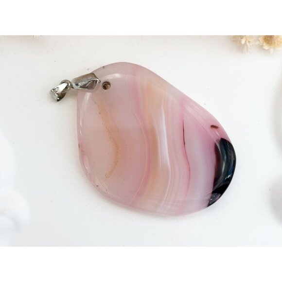 Apricot Polished Banded Agate Crystal Free-Form Sterling Silver Vintage Pendant - Picture 4 of 12